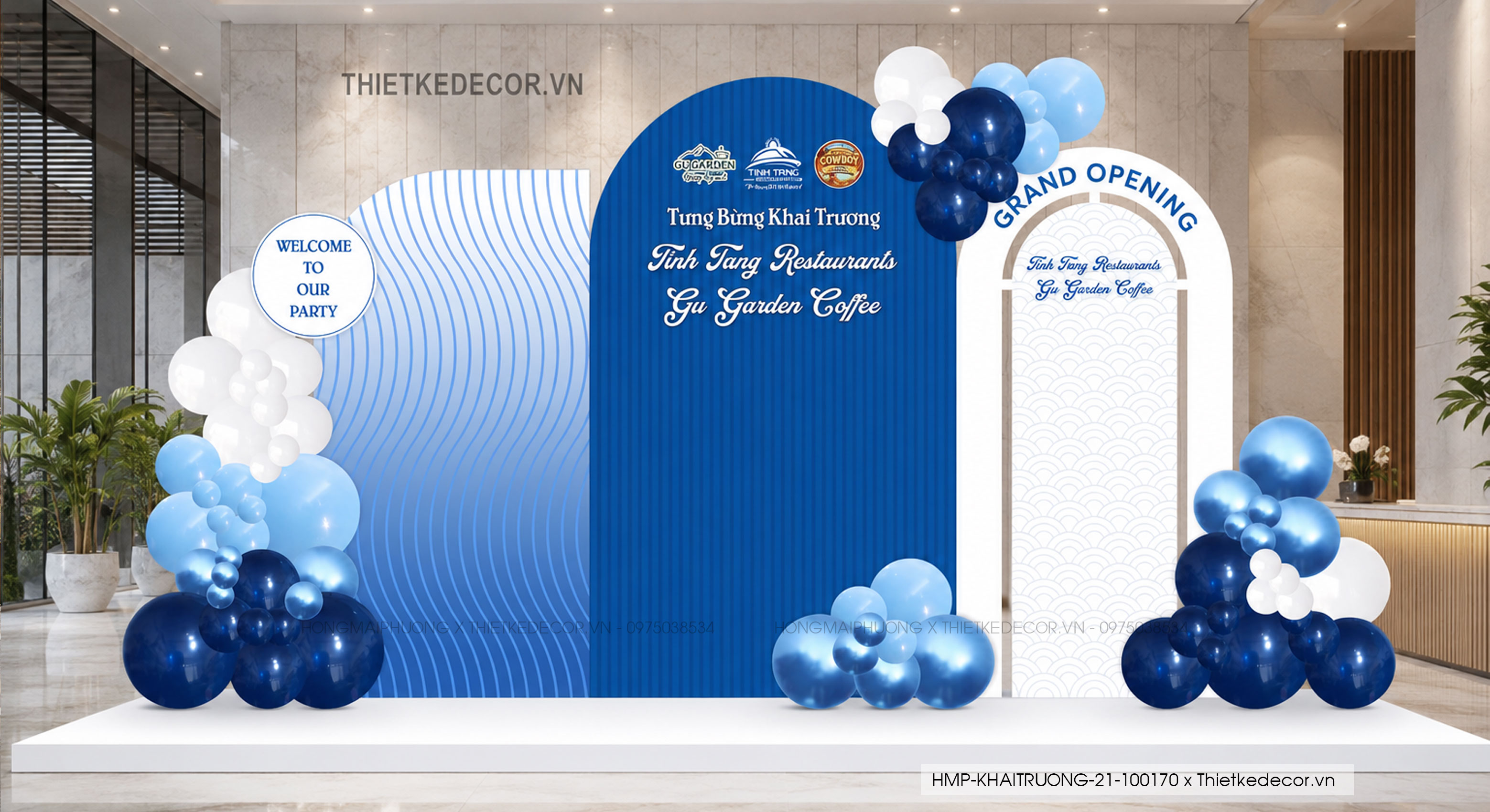 File thiết kế decor- trang trí background khai trương mix bóng sang trọng tone trắng - xanh dương